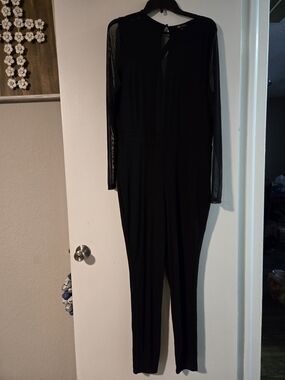 Long-Sleeve Black Mesh-Inset Jumpsuit